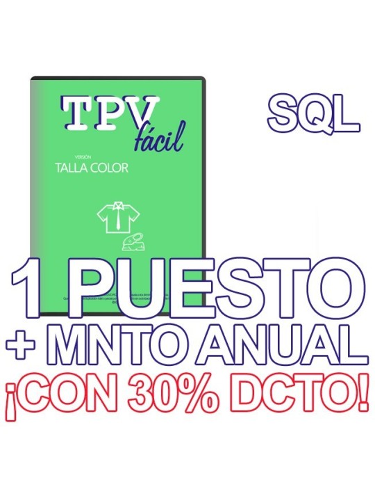 TPVFÁCIL Talla Color + MNTO SQL, 1 puesto